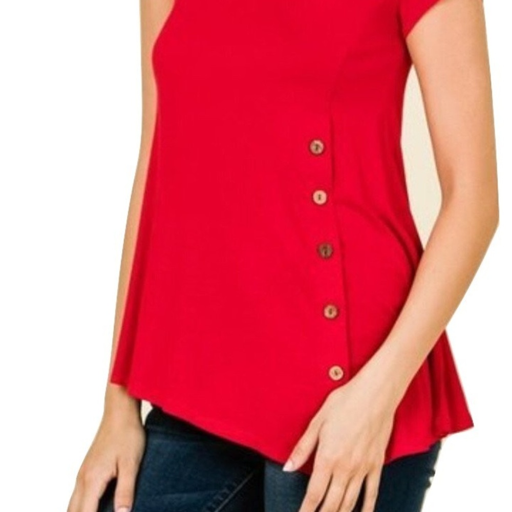 NEW Womens Solid Red Long Top With Side Buttons M - Picture 2 of 4